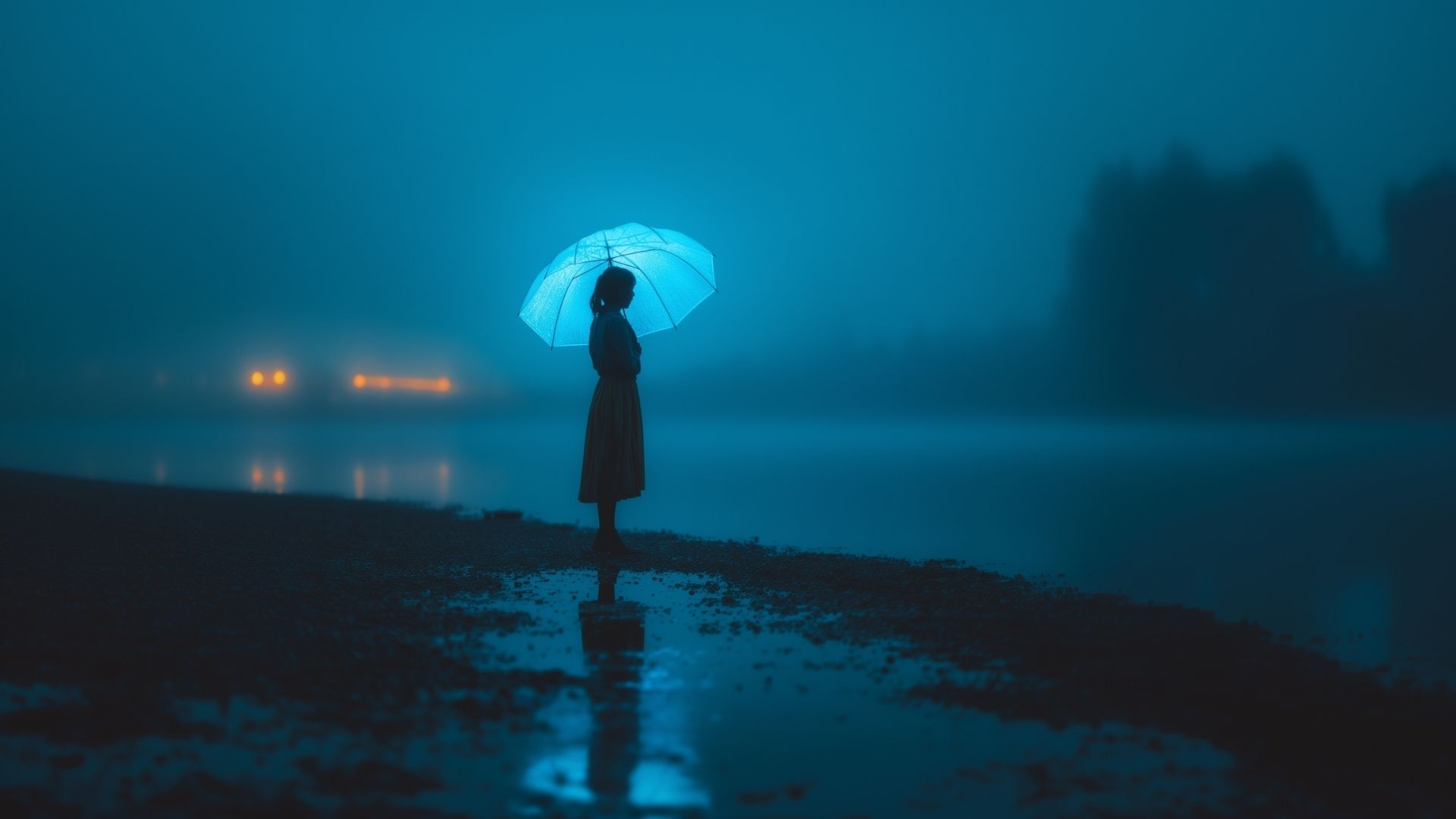 Fille sous la pluie tenant un parapluie bioluminescent au bord d’un lac, avec reflets dans les flaques et lumières de ville en arrière-plan