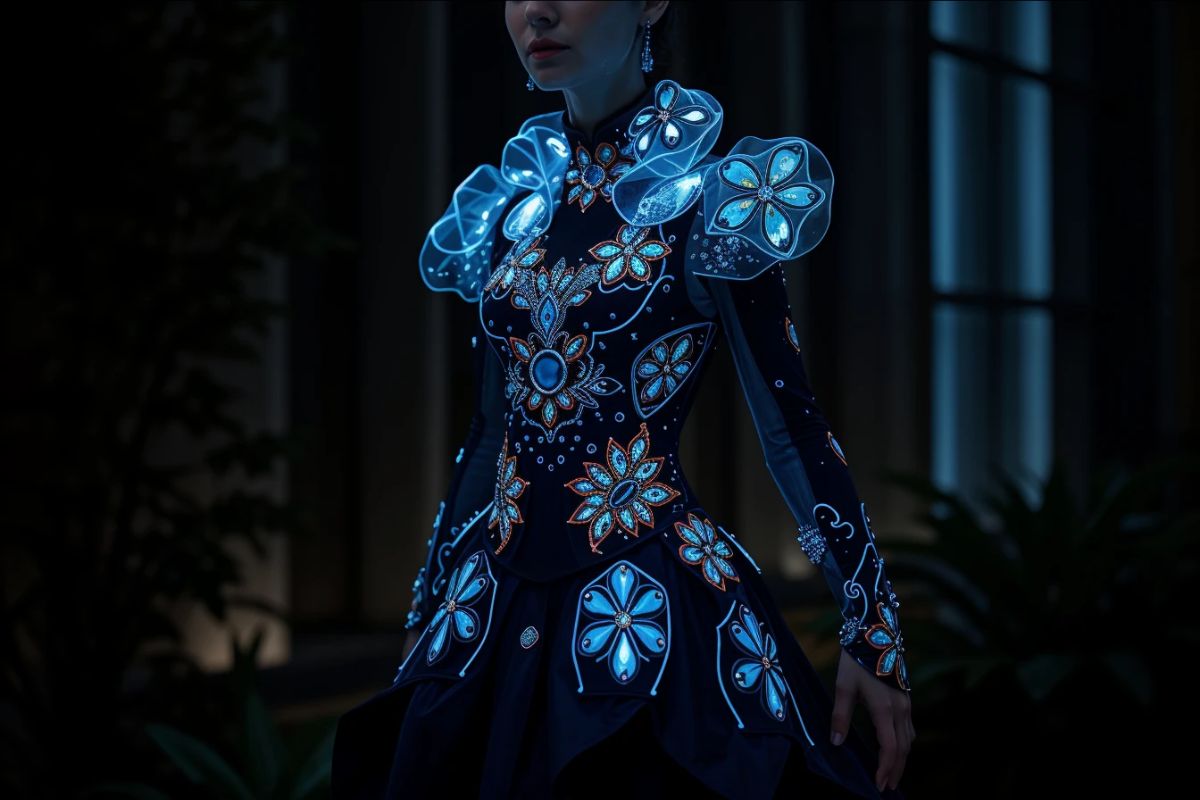 Robe de haute couture aux motifs floraux bioluminescents portée par un mannequin sur un podium