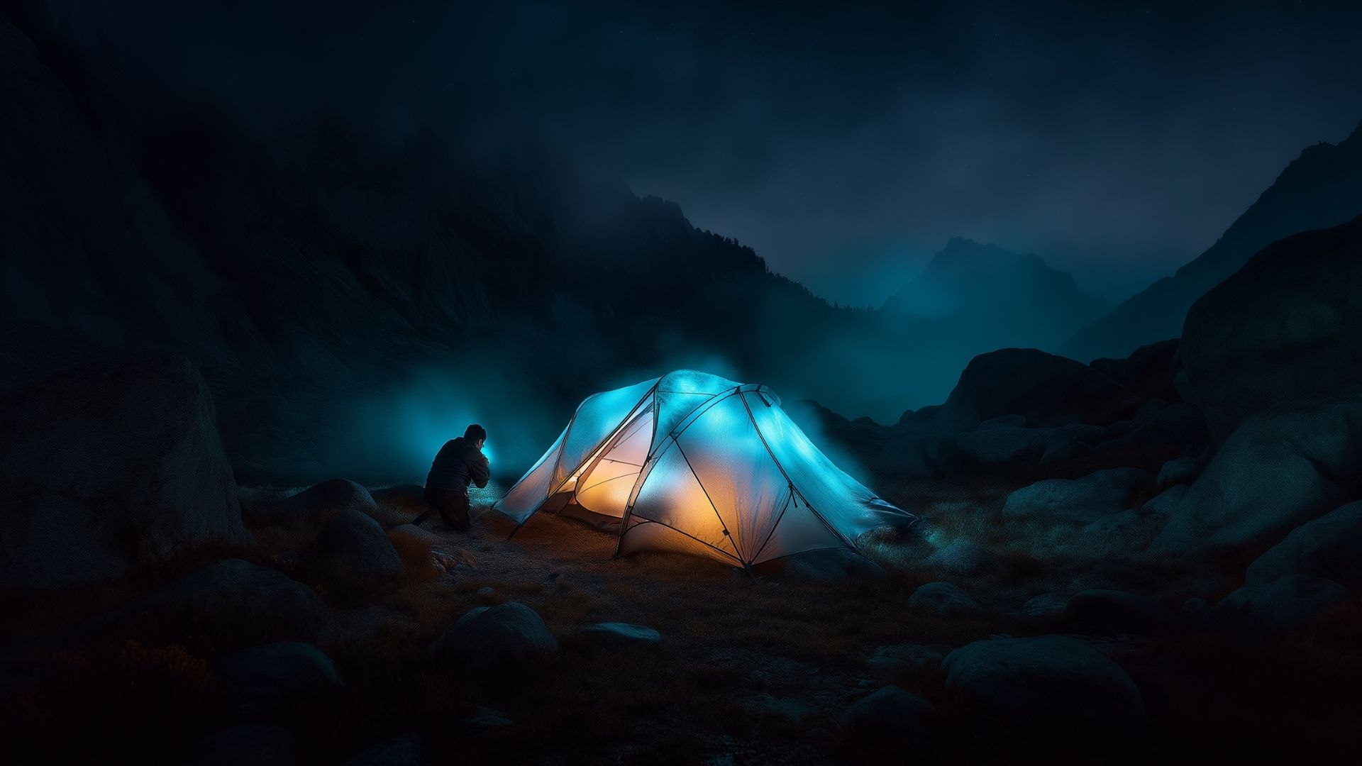 Tente illuminée par bioluminescence dans un paysage nocturne brumeux